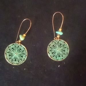 Earrings, turquoise and blue and bronze